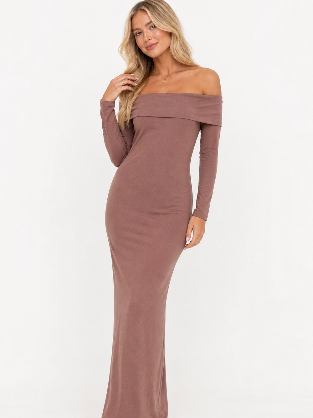 See You Monday Off-Shoulder Long Sleeve Dress in Brown